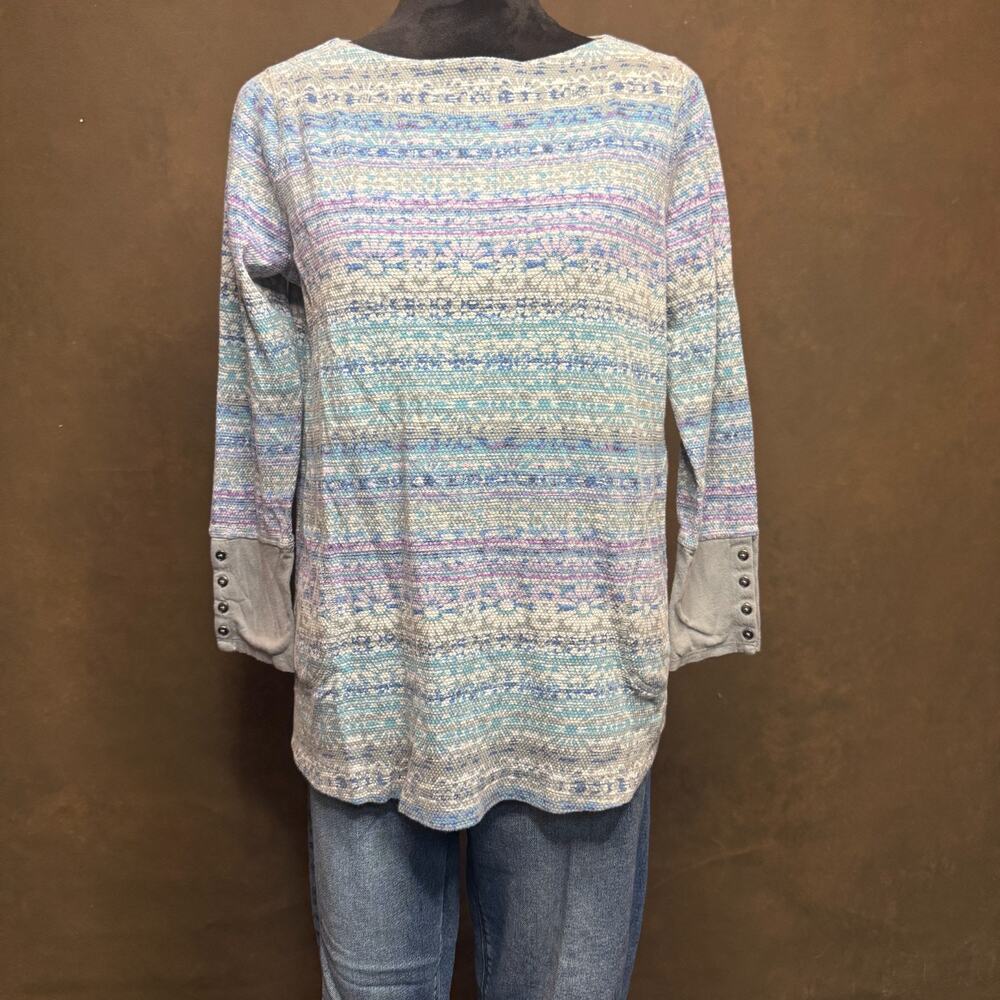 J. Jill Fair Isle Thermal Waffle Knit L/S Top Petite S Boat Neck 185292 Pockets